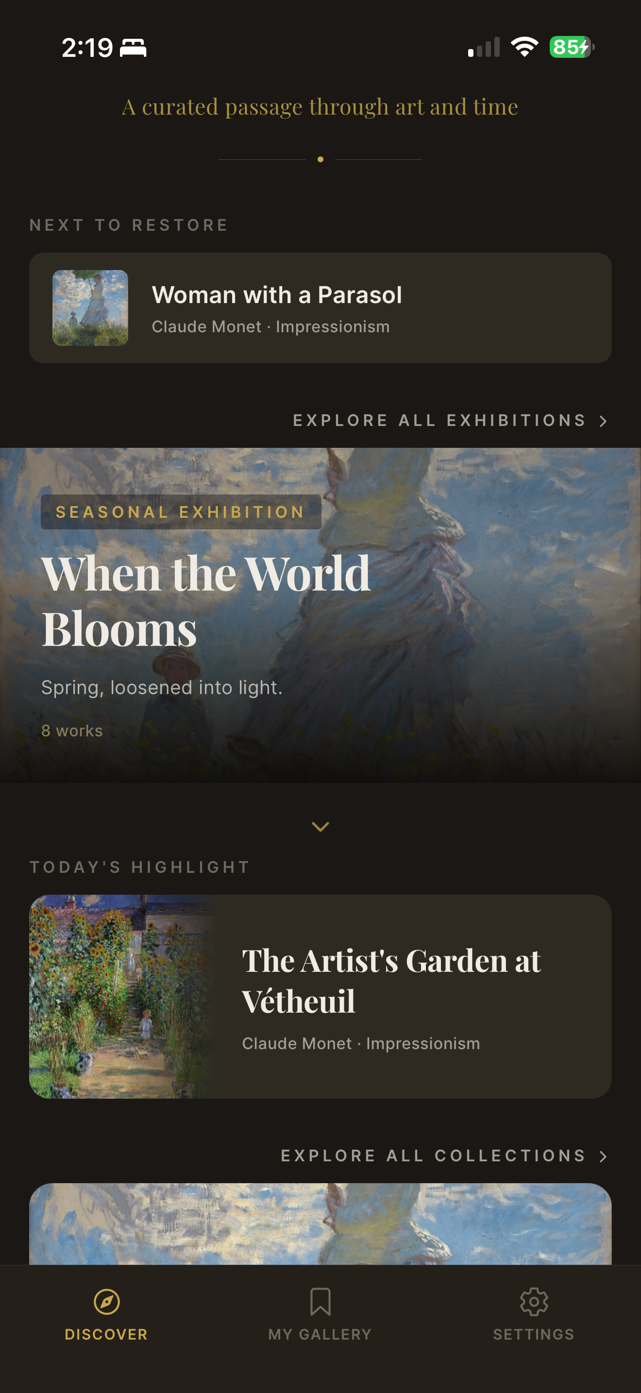 Cadrelle app: Discover tab with the seasonal exhibition 'When the World Blooms', today's highlighted painting, and Next to Restore card.