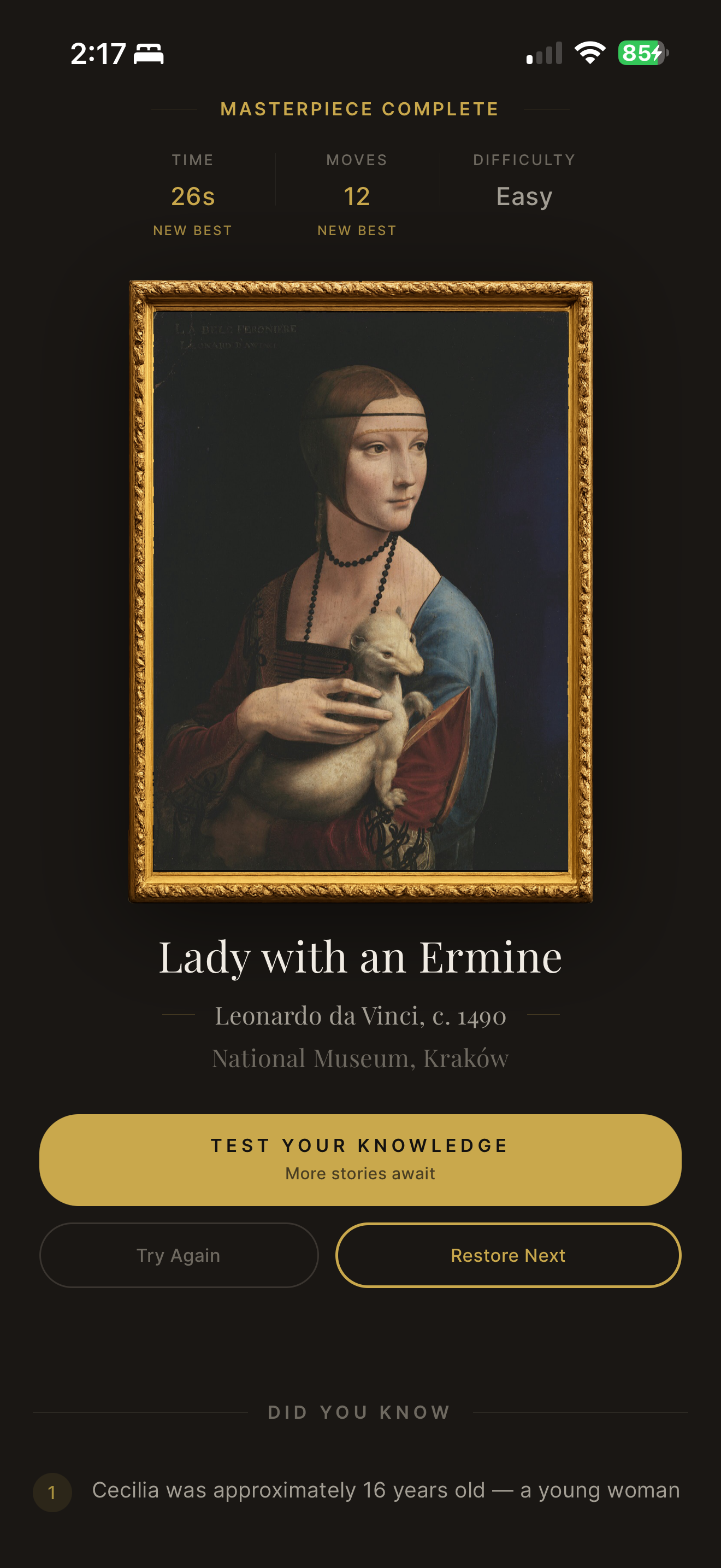 Cadrelle app: masterpiece-complete screen showing Leonardo's Lady with an Ermine, with options to read more, test your knowledge, or restore the next work.