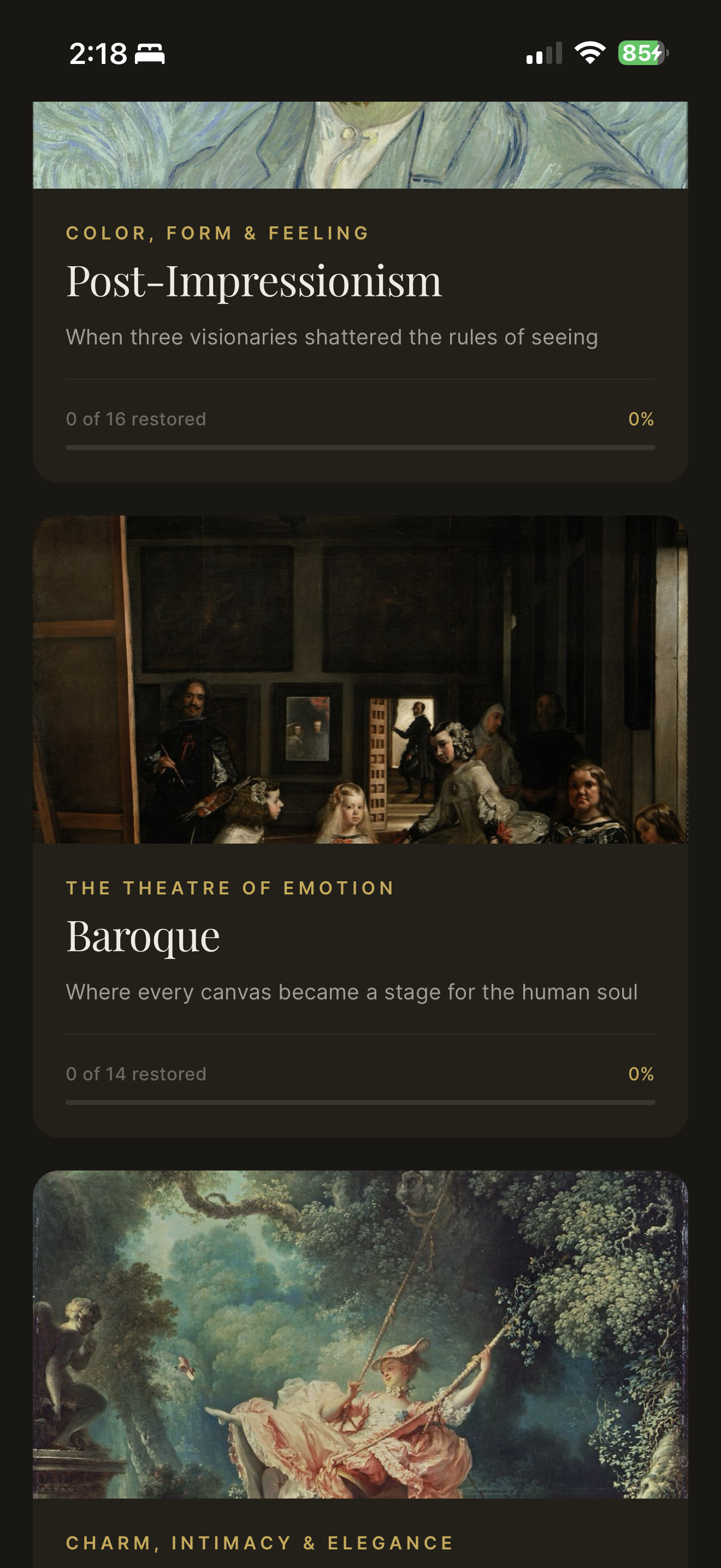 Cadrelle app: permanent-collection rooms view showing Post-Impressionism, Baroque, and Rococo with editorial subtitles.